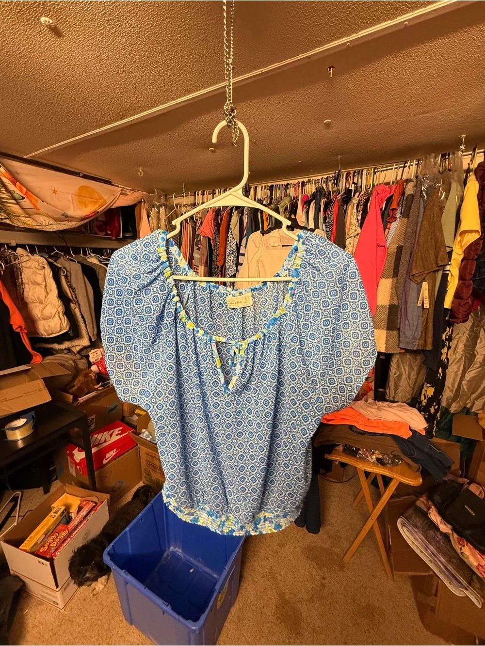 Abercrombie & Fitch Blue Printed Puff-Sleeve Tie-Neck Top